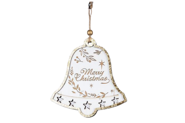 дървена украса камбанка, бяло със златно, 0.7х12.5х13см
