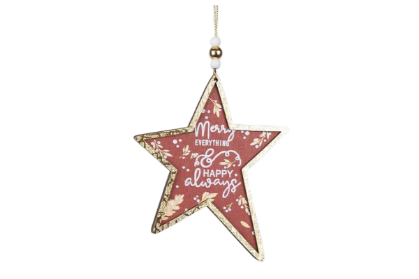 дървена украса звезда, червена със златно, 0.5х11х24см