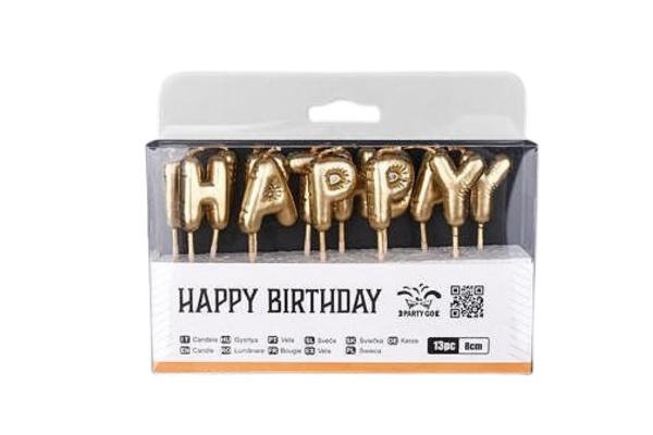 partygo свещ с надпис happy birthday златна 13 бр